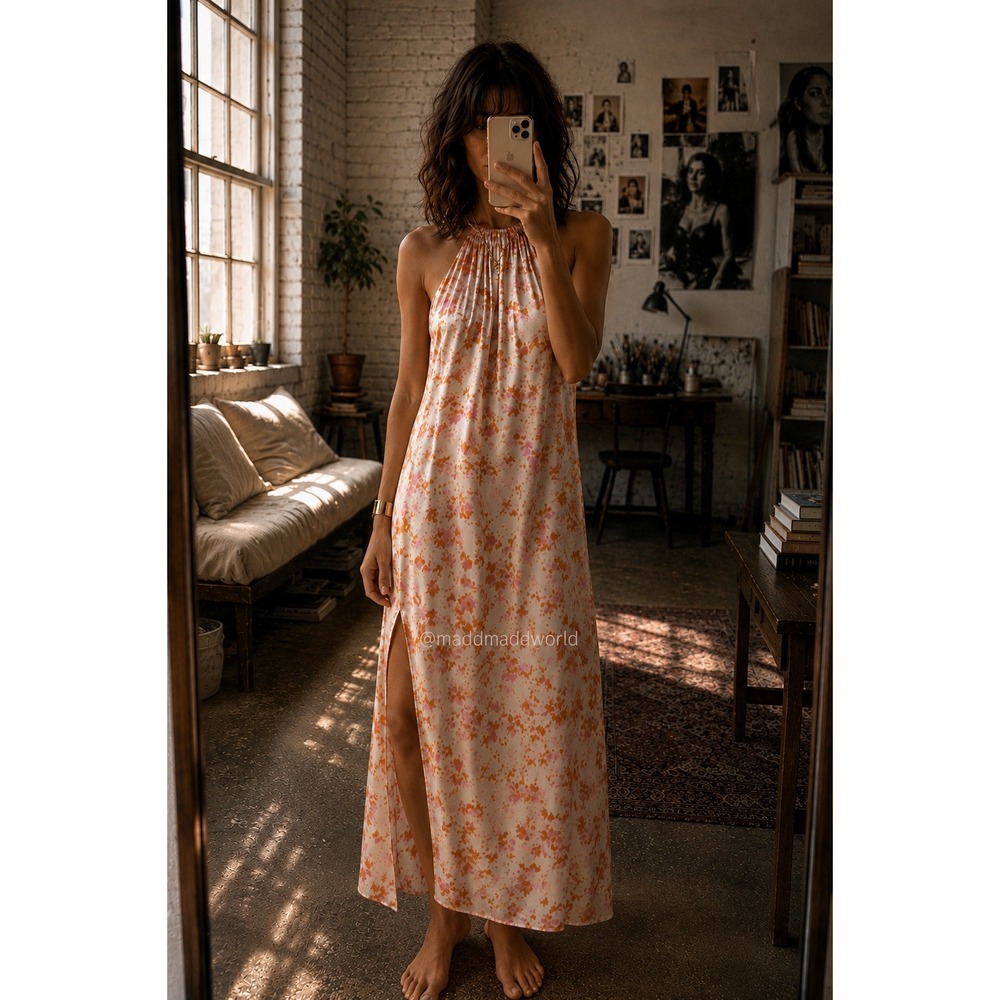 Maje Rispring Floral Halter Midi Dress Orange Pink Size 34 US Size 0